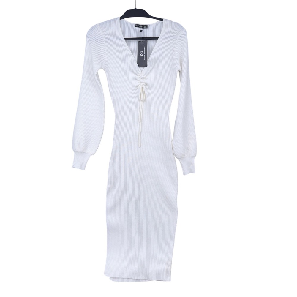 Sarin Mathews Ribbed Knit Sweater Dress Womens Size S White Ruched V-Neck Midi